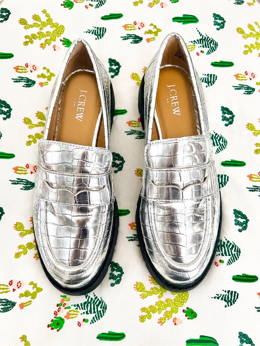 J.Crew Winona Metallic Silver Croc Leather Lug Sole Penny Loafers | Size 8.5